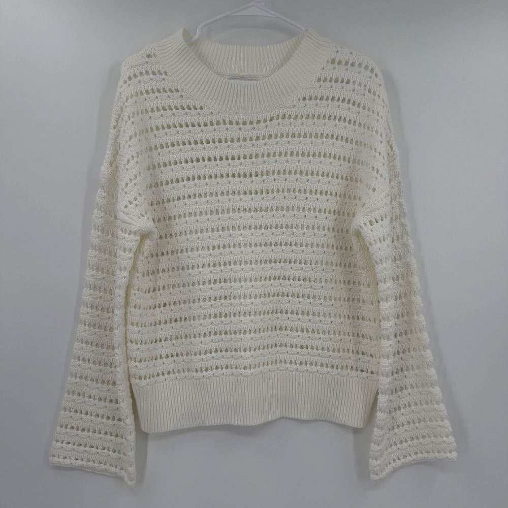 Evereve Womens Ivory Open Knit Crochet Bell Sleeve Sweater Small White Pullover